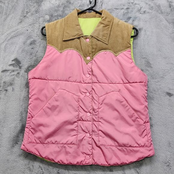 Roper Vest Womens S Pink Tan Neon Green Reversible Puffer Snap Western Retro - Picture 1 of 14